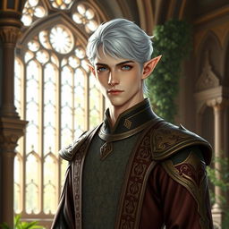 A regal male high elf noble standing in an opulent elven palace