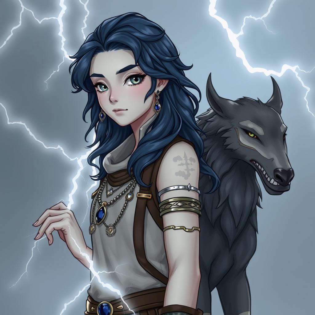 Draw a full-body air genasi girl with gray skin and navy blue wavy hair and gray eyes