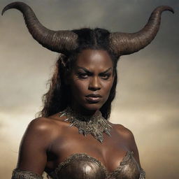 African American Demon Queen with imposing horns, appearing slightly inebriated