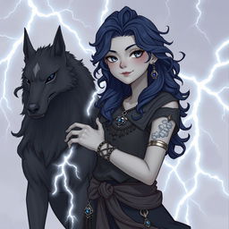 Draw a full-body air genasi girl with gray skin and navy blue wavy hair and gray eyes