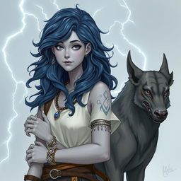 Draw a full-body air genasi girl with gray skin and navy blue wavy hair and gray eyes