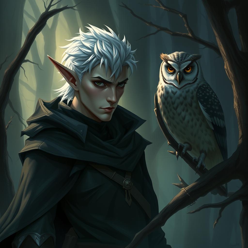 A cunning male high elf trickster in a mystical forest, blending into the shadows