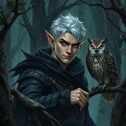 A cunning male high elf trickster in a mystical forest, blending into the shadows