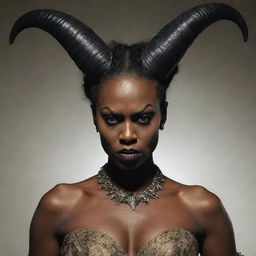 African American Demon Queen with imposing horns, appearing slightly inebriated