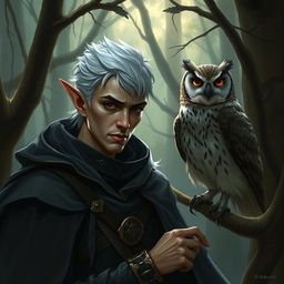 A cunning male high elf trickster in a mystical forest, blending into the shadows