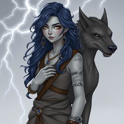 Draw a full-body air genasi girl with gray skin that is cracking a little, navy blue wavy hair, and gray eyes