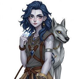 Draw a full-body air genasi girl with gray skin that is cracking a little, navy blue wavy hair, and gray eyes