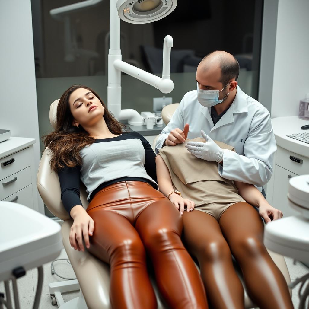 A faceless man examining Kate Beckinsale and Selena Gomez, who are both wearing brown leather leggings and asleep in a dentist chair