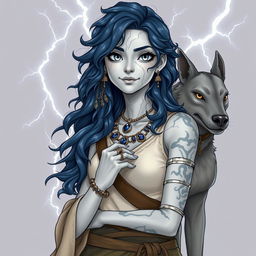 Draw a full-body air genasi girl with gray skin that is cracking a little, navy blue wavy hair, and gray eyes