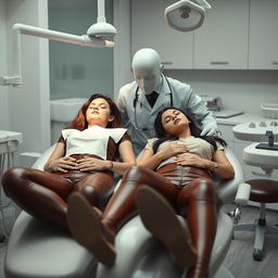 A faceless man examining Kate Beckinsale and Selena Gomez, who are both wearing brown leather leggings and asleep in a dentist chair