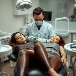 A faceless man examining Kate Beckinsale and Selena Gomez, who are both wearing brown leather leggings and asleep in a dentist chair