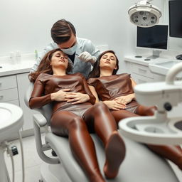 A faceless man examining Kate Beckinsale and Selena Gomez, who are both wearing brown leather leggings and asleep in a dentist chair