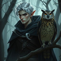 A cunning male high elf trickster in a mystical forest, blending into the shadows