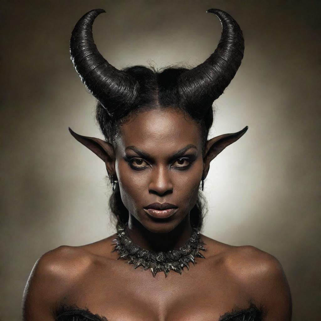 African American Demon Queen with imposing horns, appearing slightly inebriated