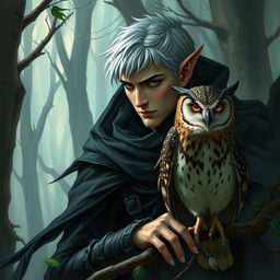 A cunning male high elf trickster in a mystical forest, blending into the shadows