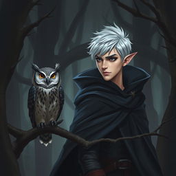 A cunning male high elf trickster in a mystical forest, blending into the shadows