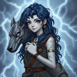 Draw a full-body air genasi girl with gray, slightly cracking skin, navy blue wavy hair, and gray eyes