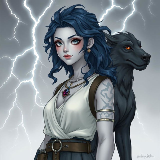 Draw a full-body air genasi girl with gray, slightly cracking skin, navy blue wavy hair, and gray eyes