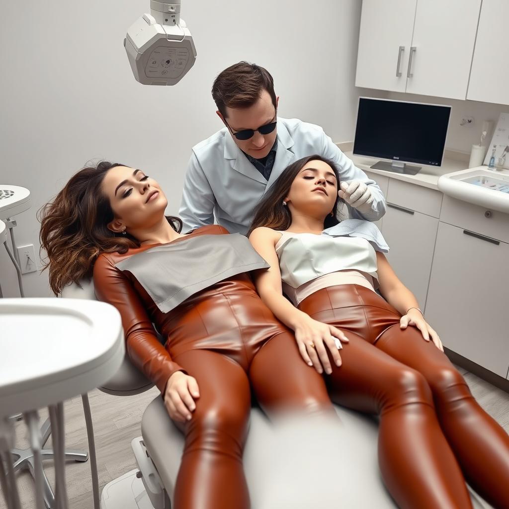 A faceless man examining Kate Beckinsale and Selena Gomez, who are both wearing brown leather leggings and asleep in a dentist chair