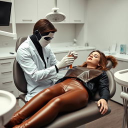 A faceless man examining Kate Beckinsale and Selena Gomez, who are both wearing brown leather leggings and asleep in a dentist chair