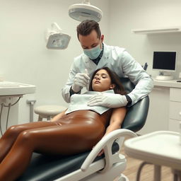 A faceless man examining Kate Beckinsale and Selena Gomez, who are both wearing brown leather leggings and asleep in a dentist chair