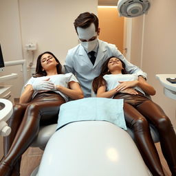 A faceless man examining Kate Beckinsale and Selena Gomez, who are both wearing brown leather leggings and asleep in a dentist chair