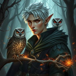 A male high elf arcane trickster in a mystical forest, surrounded by an aura of magic