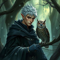 A male high elf arcane trickster in a mystical forest, surrounded by an aura of magic