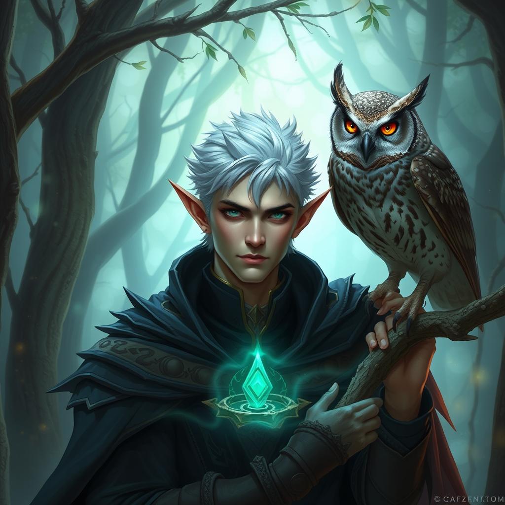 A male high elf arcane trickster in a mystical forest, surrounded by an aura of magic