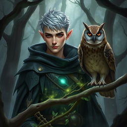 A male high elf arcane trickster in a mystical forest, surrounded by an aura of magic