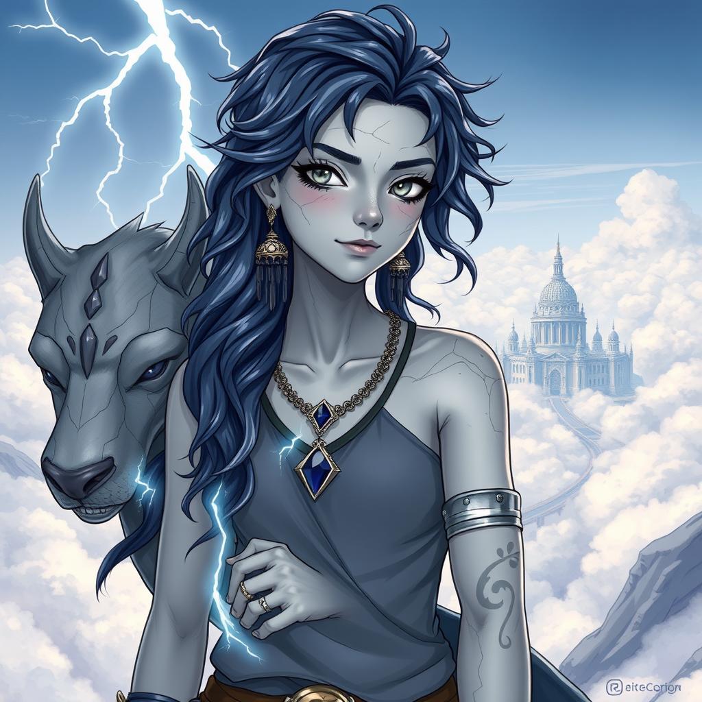 Draw a full-body air genasi girl with gray skin that is cracking a little and navy blue wavy hair and gray eyes