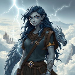 Draw a full-body air genasi girl with gray skin that is cracking a little and navy blue wavy hair and gray eyes