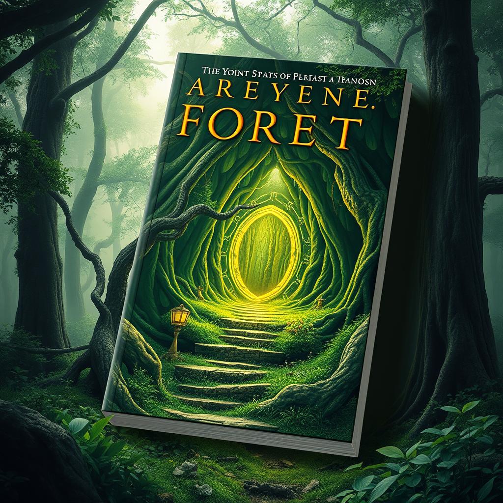 Create a captivating book cover featuring a mysterious forest with an ancient, glowing portal at its center