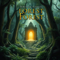 Create a captivating book cover featuring a mysterious forest with an ancient, glowing portal at its center