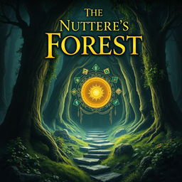 Create a captivating book cover featuring a mysterious forest with an ancient, glowing portal at its center