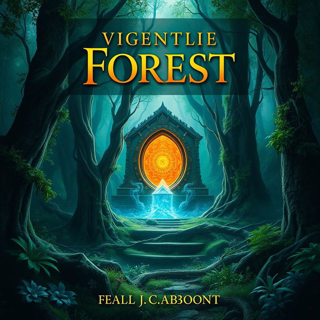 Create a captivating book cover featuring a mysterious forest with an ancient, glowing portal at its center