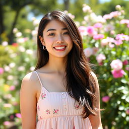 A 23-year-old Asian woman wearing a sundress, standing outdoors on a sunny day