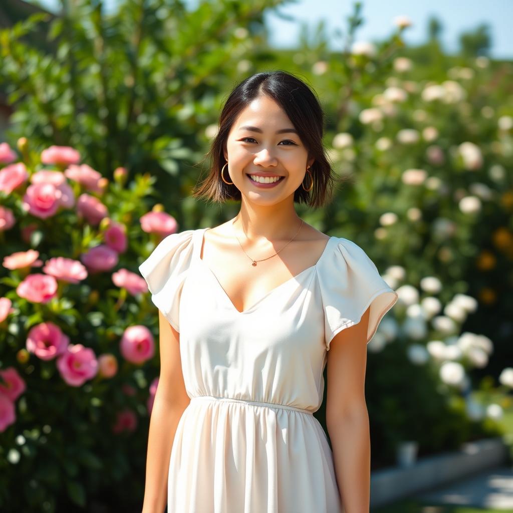 A 23-year-old Asian woman wearing a sundress, standing outdoors on a sunny day