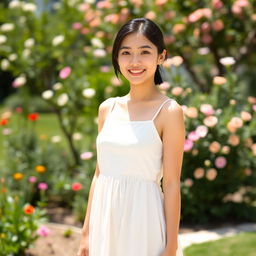 A 23-year-old Asian woman wearing a sundress, standing outdoors on a sunny day