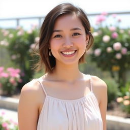 A 23-year-old Asian woman wearing a sundress, standing outdoors on a sunny day