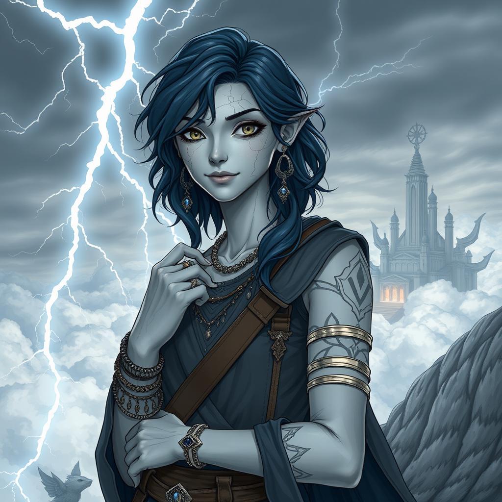 Draw a full-body air genasi girl with gray skin that is cracking a little and navy blue mid-length wavy hair and gray eyes