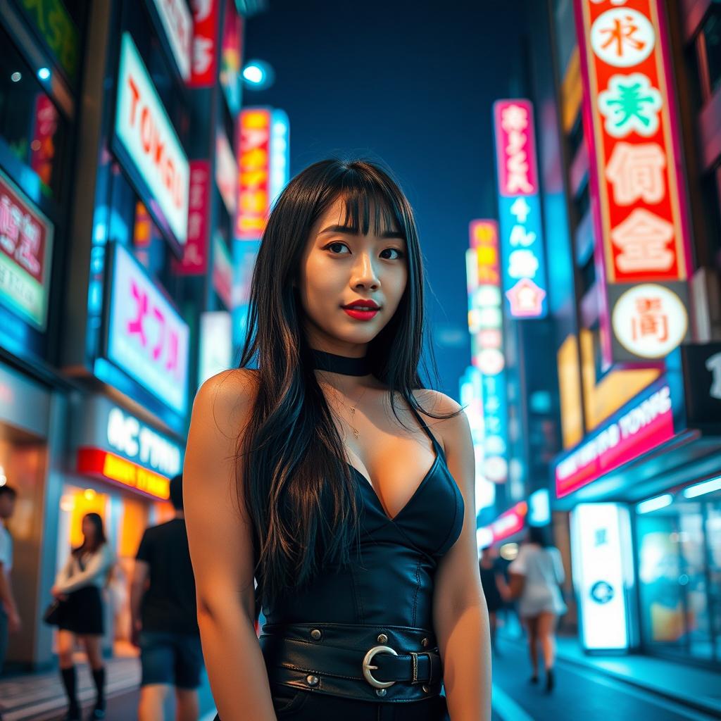 An Asian woman with long black hair, dressed in a stylish clubbing outfit, standing in the vibrant streets of Tokyo at night