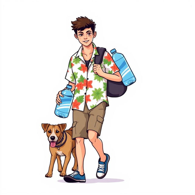 A young man in a Hawaiian shirt carrying two large bottles of water, with a dog walking next to him