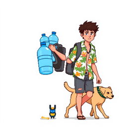 A young man in a Hawaiian shirt carrying two large bottles of water, with a dog walking next to him