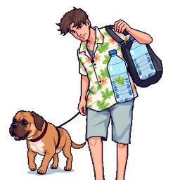 A young man in a Hawaiian shirt carrying two large bottles of water, with a dog walking next to him