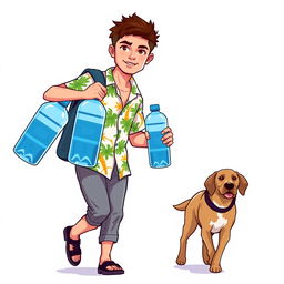 A young man in a Hawaiian shirt carrying two large bottles of water, with a dog walking next to him