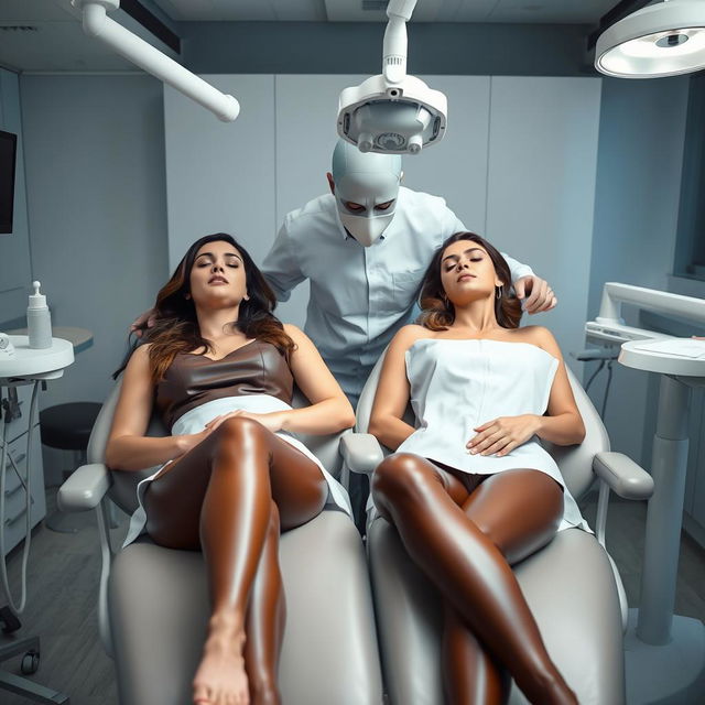 A faceless man examining Megan Fox and Adriana Lima, who are both wearing brown leather leggings and asleep in dentist chairs