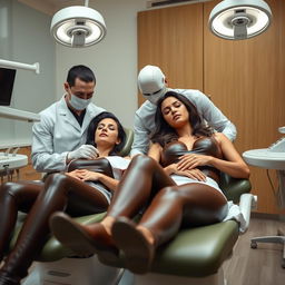 A faceless man examining Megan Fox and Adriana Lima, who are both wearing brown leather leggings and asleep in dentist chairs