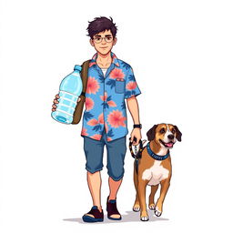 A young man in a blue Hawaiian shirt carrying two huge bottles of water, one in each hand, with a dog walking next to him