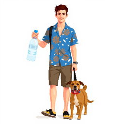 A young man in a blue Hawaiian shirt carrying two huge bottles of water, one in each hand, with a dog walking next to him